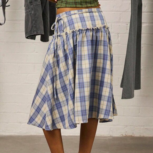 Multicolor Casual Women's Checkered Drop Waist Midi Skirt - Picture 2 of 6